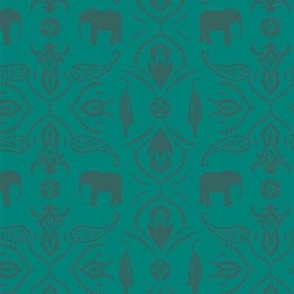 Jungle damask elephants tigers and ornaments teal green verdigris - small scale