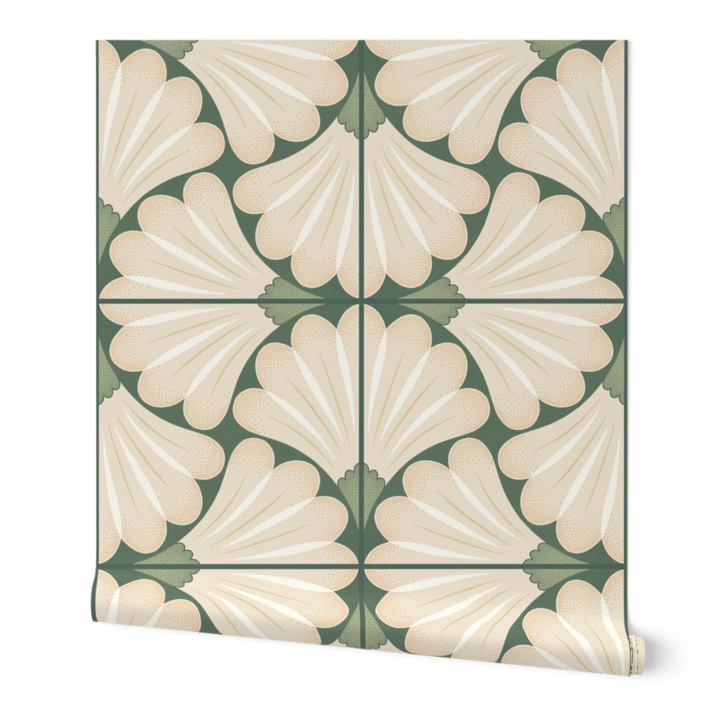 (L) Welcome Wallpaper- Warm green floral tiles