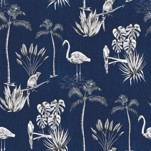 Tropical jungle animals and plants dark blue textured - large scale
