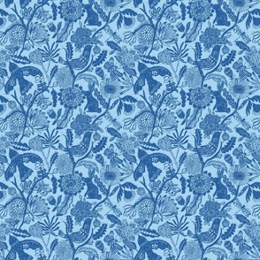 Linocut print rich blue monochrome