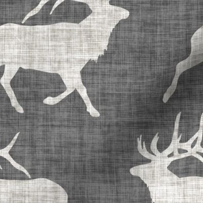 Elk on Linen - Large - Gray Grey Animal Rustic Cabincore Boys Masculine Men Outdoors Hunting Cabincore Hunters