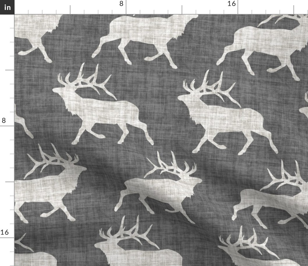 Elk on Linen - Large - Gray Grey Animal Rustic Cabincore Boys Masculine Men Outdoors Hunting Cabincore Hunters