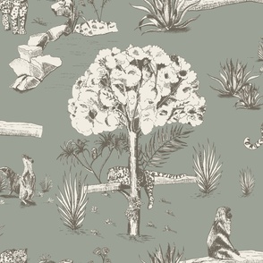 Toile de jouy jungle animals sage green and cream - large scale