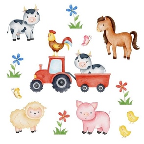 Watercolor Farm Animals Tractor Baby Girl Nursery Large Size