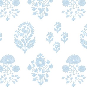 Pale Blue Blockprint Style Stylized Flowers