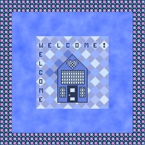 (XL) "Welcome" Framed Quilt Block Style House with Geometric Diamonds & Clouds