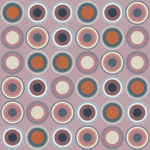 (M) Circles in retro pink, brown, blue, red white on puce pink