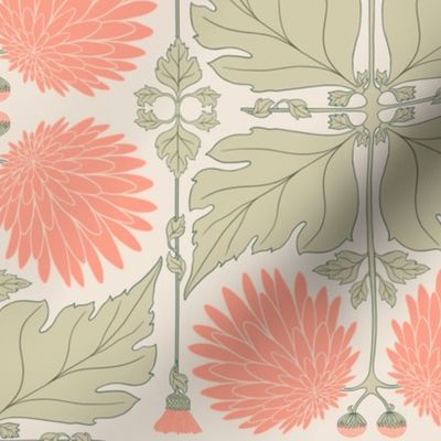 Vintage Floral Art Nouveau Dahlia Peach & Sage