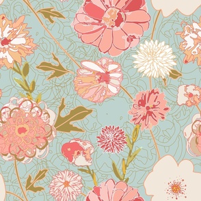 Jumbo size floral with peach, cream green, blue