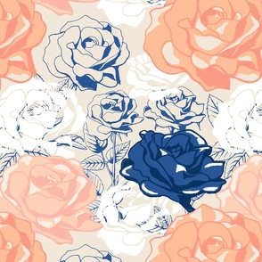 Roses in peach fuzz ,  blue and white