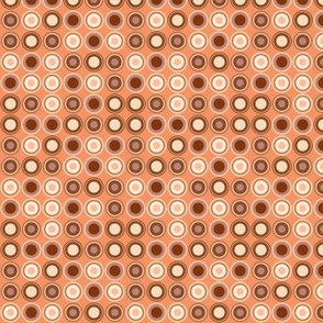 (S) geometric circles and rings in brown and orange colors on coral orange background
