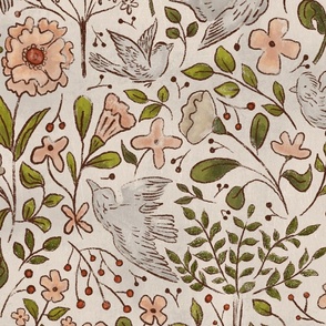 Wildwood Florals_With_Birds_Pink and Green_Large