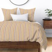 Small block printed thick vertical textured stripes in warm colors on off-white ecru