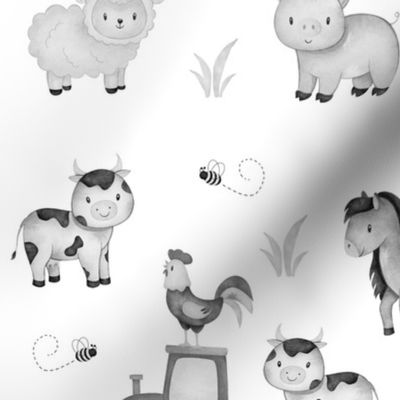 Gray Watercolor Farm Animals Tractor Baby Nursery 