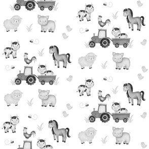 Gray Watercolor Farm Animals Tractor Baby Nursery 