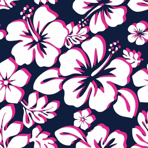 White and Surfer Girl Hot Pink Hawaiian Flowers on Navy Blue - Medium Size