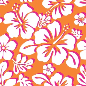 White and Hot Pink Hawaiian Flowers on Juicy Orange -Medium Size
