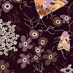 (XL) colorful butterflies and moth with flowers whimsical on dark tan brown