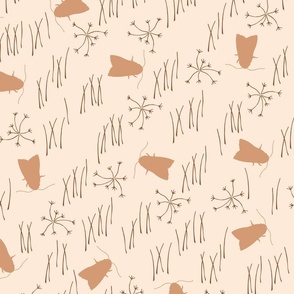 brown moth and grass twigs whimsical on light beige