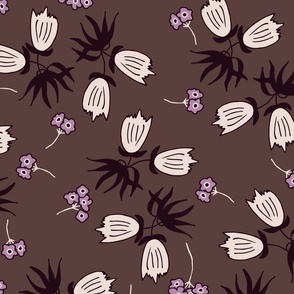 (XL) white tulips, lilac small flowers whimsical on dark marsala red