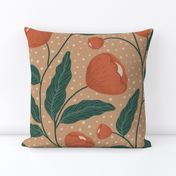 Red poppies in warm earth color palette with dotted brown tan background, acrylic painted floral repeat pattern with terra cotta flowers and green leaves, JUMBO SCALE