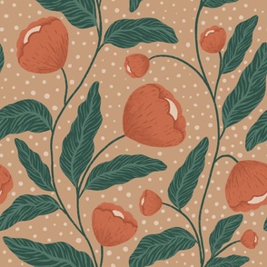 Red poppies in warm earth color palette with dotted brown tan background, acrylic painted floral repeat pattern with terra cotta flowers and green leaves, JUMBO SCALE