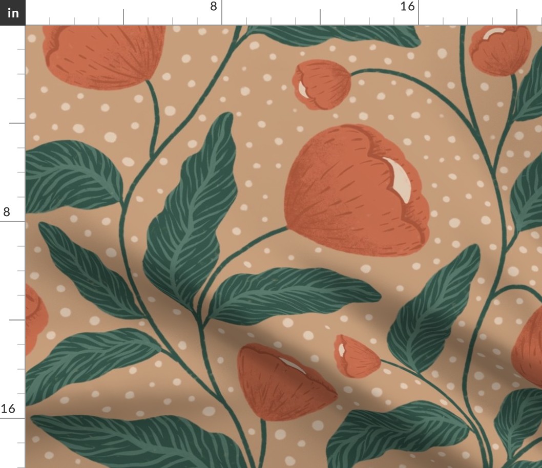 Red poppies in warm earth color palette with dotted brown tan background, acrylic painted floral repeat pattern with terra cotta flowers and green leaves, JUMBO SCALE