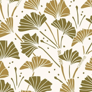 (L) Ginko (Gingko) Leaves Diamond Damask Gold, Olive Green and Cream