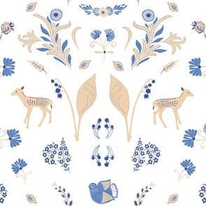 Scandinavian Folk Art Modern Floral Panel Pattern w/ Fawns, Birds and Moths