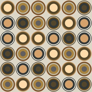 (M) Circles in taupe, russet, copper and ecru brown, beige, grey on platinum grey 