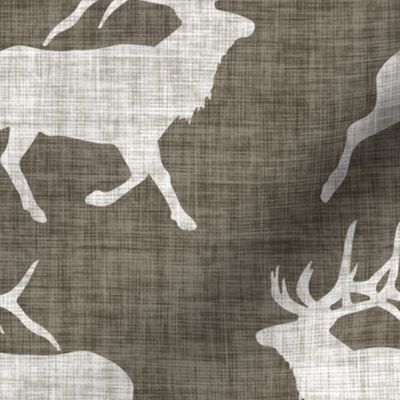 Elk on Linen - Large - Brown Sepia Animal Rustic Cabincore Boys Masculine Men Outdoors Hunting Cabincore Hunters