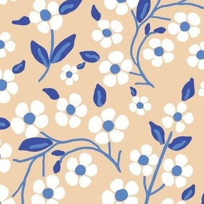 Folk Art Vining floral in tan, white, blue / art deco ditsy floral