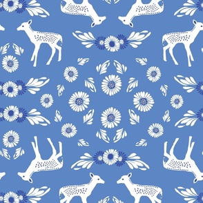 Scandinavian folk art Otomi pattern with fawns and flowers / cornflower blue