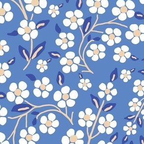 Folk Art Flowers in cornflower blue and white / art deco ditsy floral - large scale