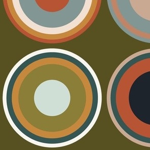 Circles in tangerine orange, terra cotta, grey, black, white, apricot brown on dark olive green