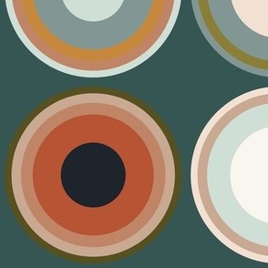 Circles in tangerine orange, terra cotta, grey, black, white, apricot brown on dark cerulean blue