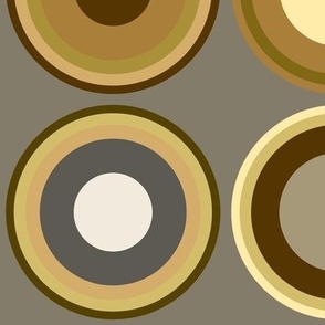 Circles in grey, white, brown, olive green, yellow on grey