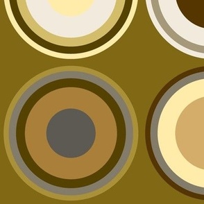 Circles in grey, white, brown, olive green, yellow on dark olive green