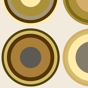 Circles in grey, white, brown, olive green, yellow on beige