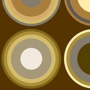 Circles in grey, white, brown, olive green, yellow on sepia brown