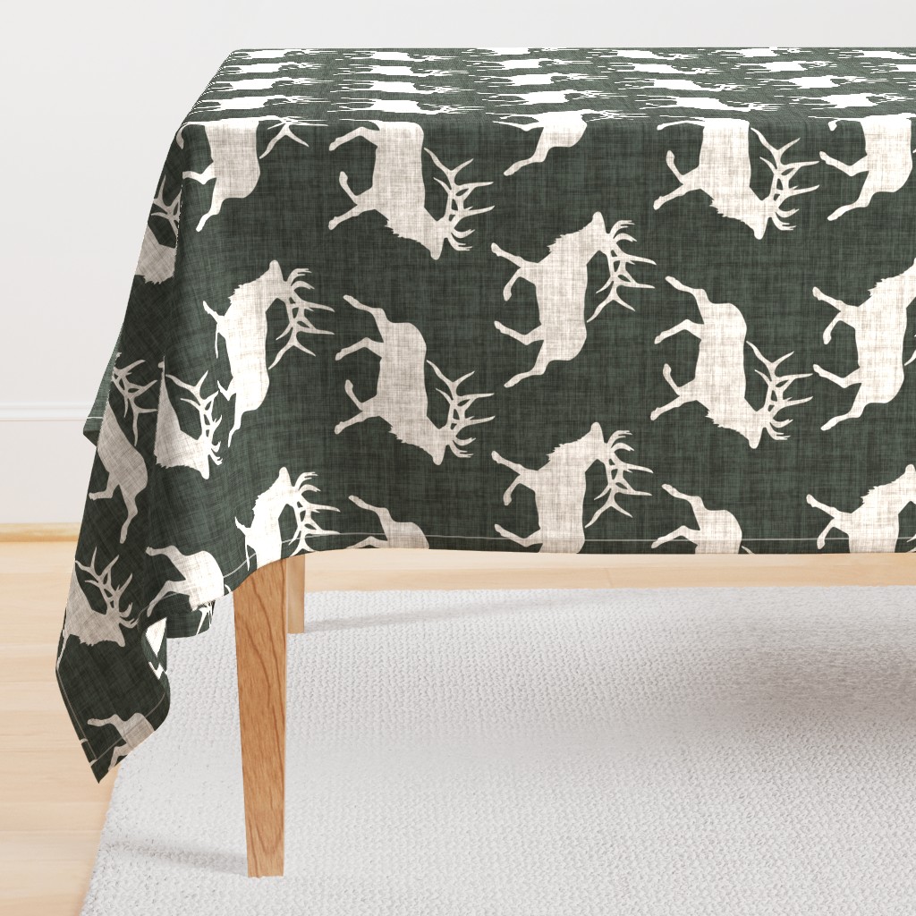 Elk on Linen - Large - Dark Green Animal Rustic Cabincore Boys Masculine Men Outdoors Hunting Cabincore Hunters