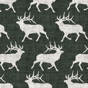 Elk on Linen - Large - Dark Green Animal Rustic Cabincore Boys Masculine Men Outdoors Hunting Cabincore Hunters