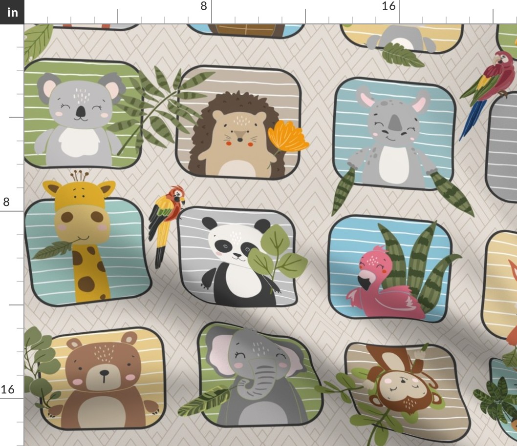 Kids Wild Animals Quilt – Safari and Woodland Animal Bedding (pattern D/ soft sand)