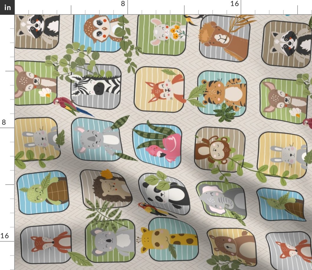 Kids Wild Animals Quilt – Safari and Woodland Animal Bedding Baby Blanket (pattern D/ soft sand) ROTATED smaller scale