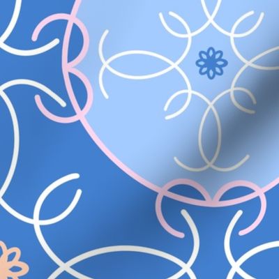 Doily circles loops flowers pattern blue, pink, white, and peach