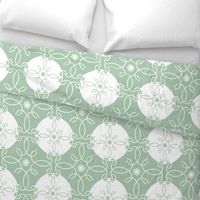 Doily circles loops flowers pattern sage green and white