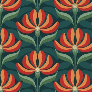 Bright Bold Retro Geometric Floral Red Orange Teal Green Large