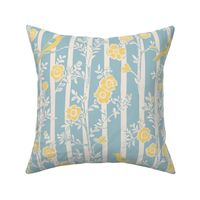 blockprint birds on stripes yellow and blue