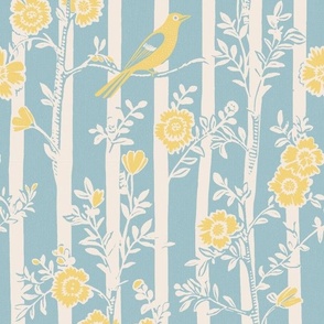 blockprint birds on stripes yellow and blue