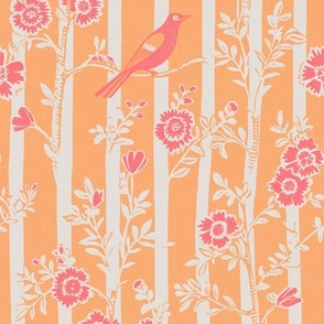 blockprint birds on stripes pink and orange